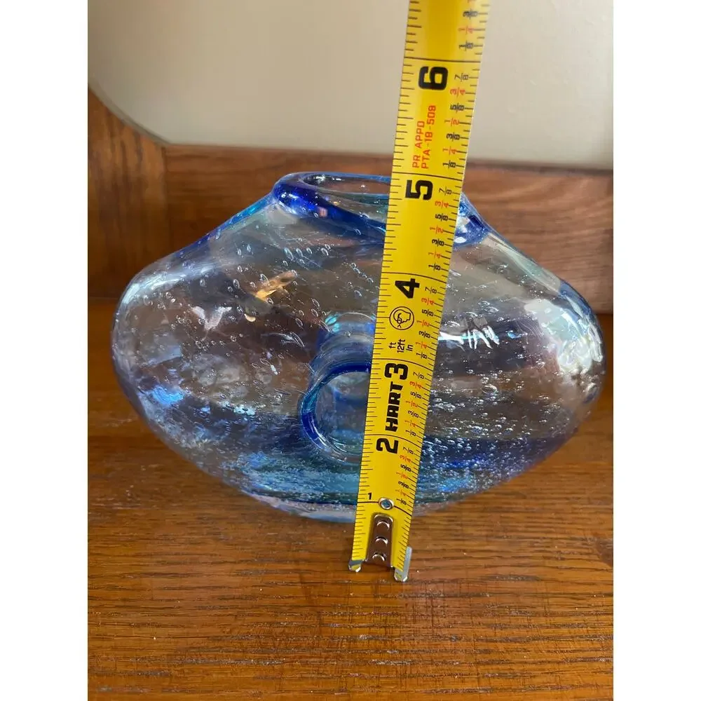 Italian Art Glass Vase with Donut Hole Blue Ribbon Swirls Hand Blown 7